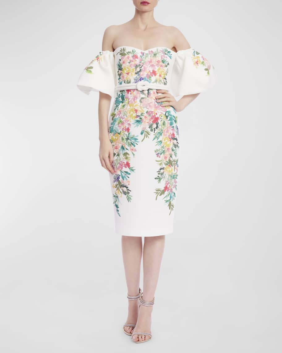 Off-Shoulder Floral-Print Midi Dress | Neiman Marcus