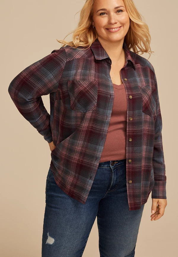 Plus Size Pucker Plaid Button Down Shirt | Maurices