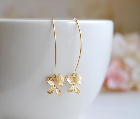 Gold Orchid Flower Long Dangle Earrings, Simple Everyday Day Earrings, Gift for Mom Daughter Sist... | Etsy (US)