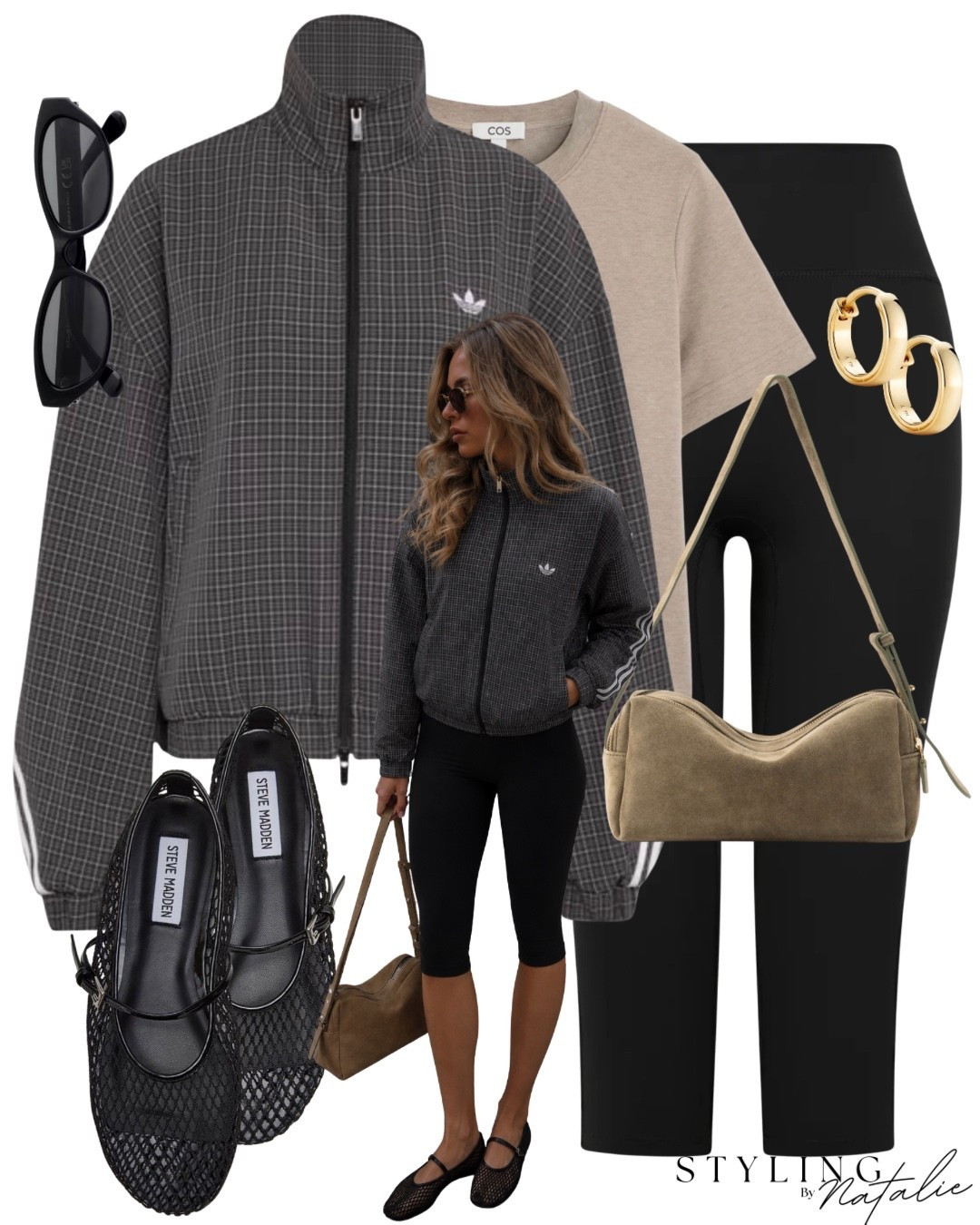 Adidas checkered zip up funnel neck windbreaker jacket, black capri leggings, suede bag. Mesh ballet Mary Jane shoes, beige t-shirt and gold hoop earrings.
Casual cool girl style, sporty chic, autumn, fall, transitional style @thecoutureclub @Elleme

#LTKuk #LTKautumn #LTKeurope