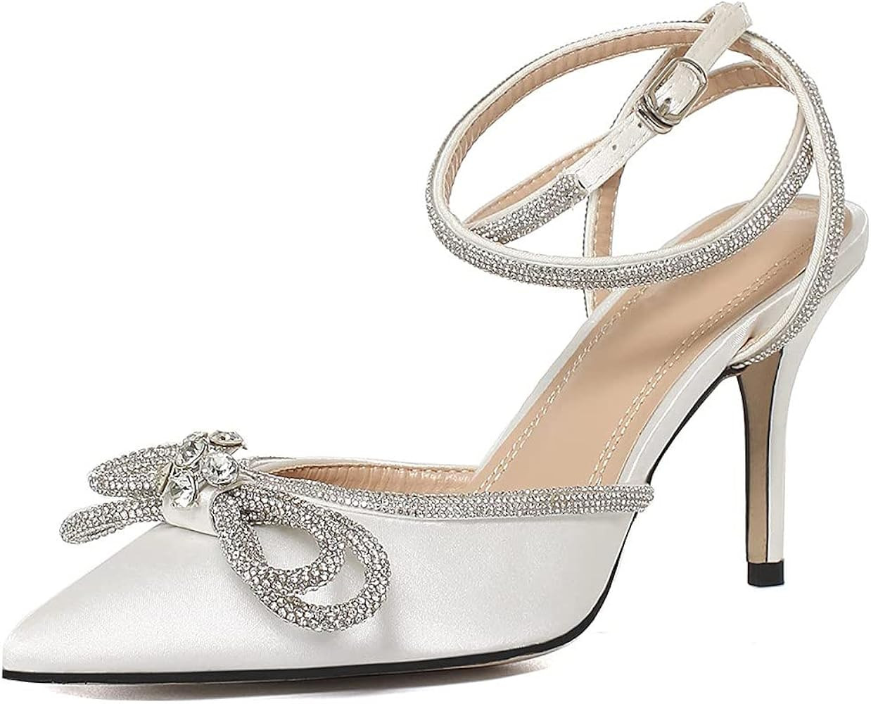 Divanne Women's Double Bow Crystal Wedding Shoes Satin Pointy Pumps Ankle Straps High Heeled Sandals | Amazon (US)