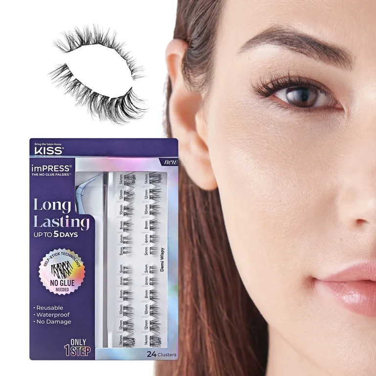 KISS imPRESS Long Lasting Self Adhesive Eyelashes, Demi Wispy, 5mm-14mm, 24 Lash Clusters | Walmart (US)
