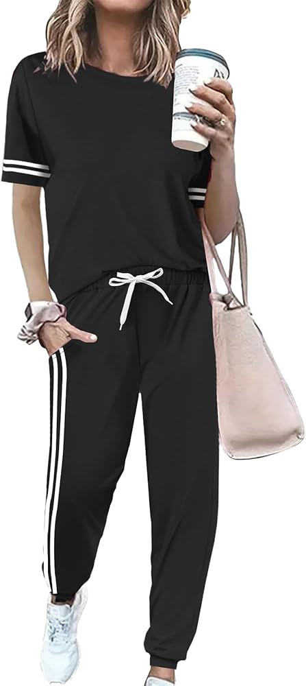 Women 2 Piece Outfits Summer Set Striped Short Sleeve Sweatsuits Crew Neck Pullover Lounge Tracks... | Amazon (US)
