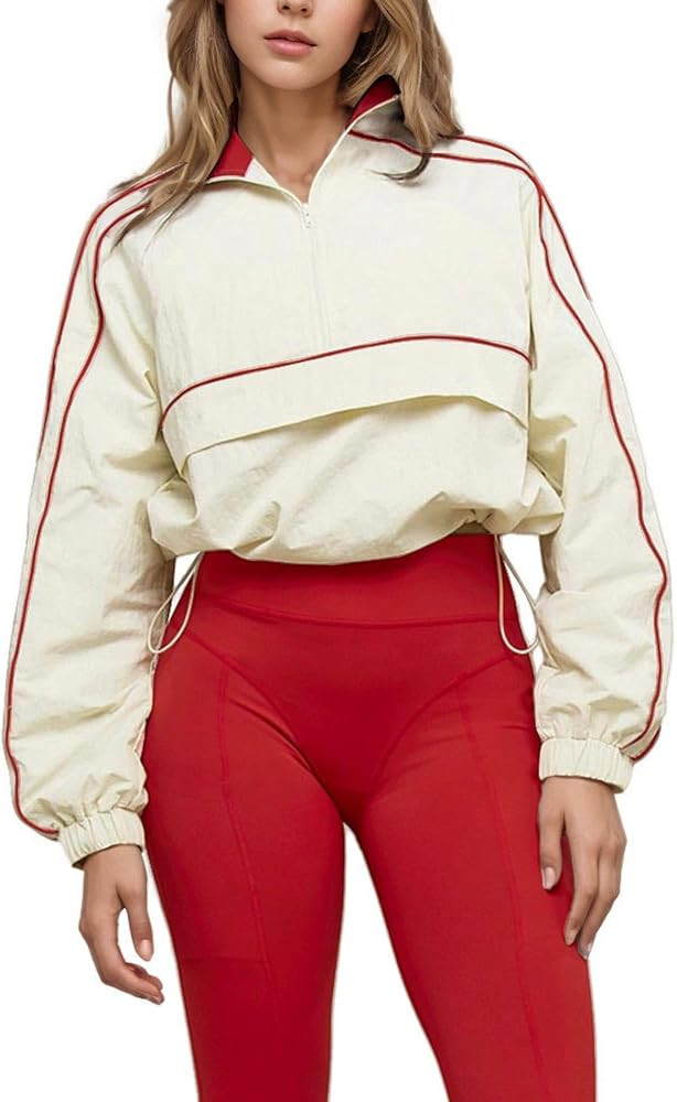 Women Stretch Water Repellent Half Zip Crop Windbreaker Jacket Stand Collar Contrast Piping Light... | Amazon (US)