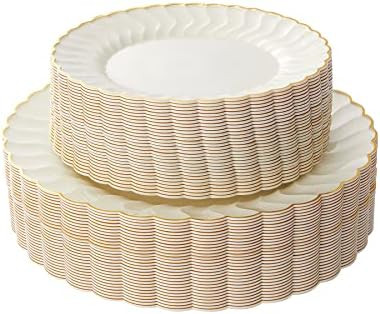 Lullaby 60 Pack Ivory Plastic Plates with Gold Rim, Plastic Plates Disposable, Elegant Plates Includ | Amazon (US)
