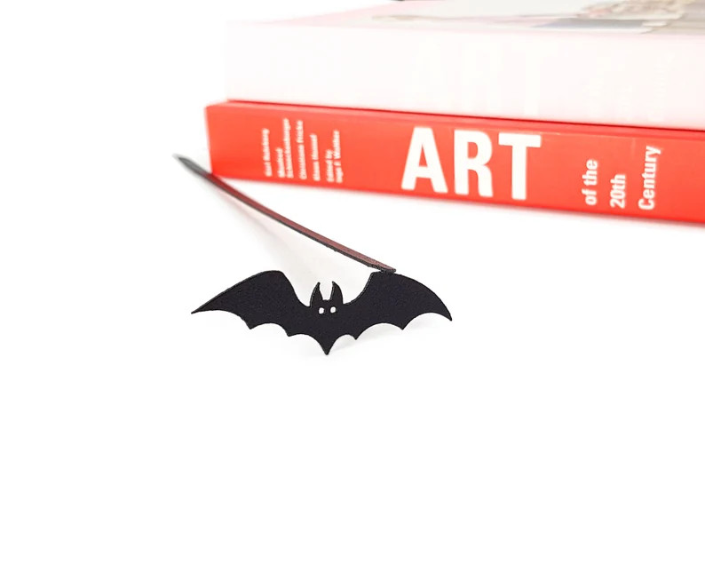 Best friend personalized small bookish gift, Metal Bookmark Cryptic Bat // by Atelier Article | Etsy (US)
