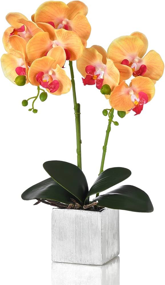 YSZL Artificial Potted Orchid Faux Phalaenopsis Silk Flowers Bonsai Realistic Arrangement in Silv... | Amazon (US)