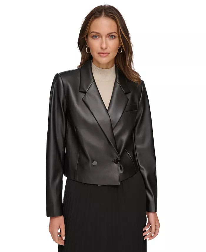 DKNY Women's Cropped Double-Breasted Faux Leather Blazer - Macy's | Macy's