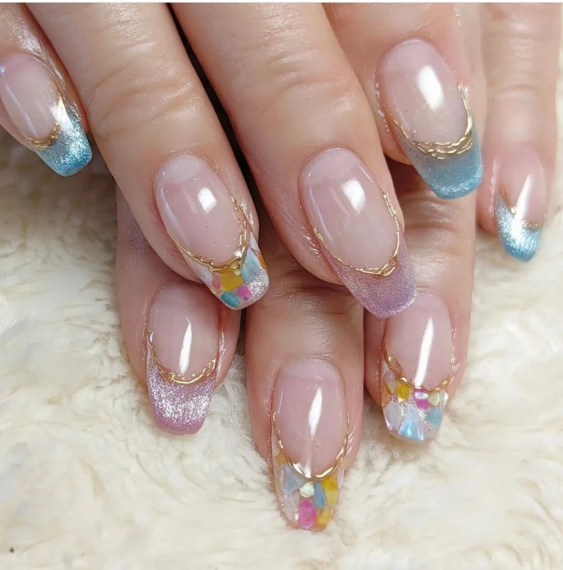 rainbow cateye french crystal nails /custom press on nails/ hand made Press on Nails/Faux Acrylic... | Etsy (US)