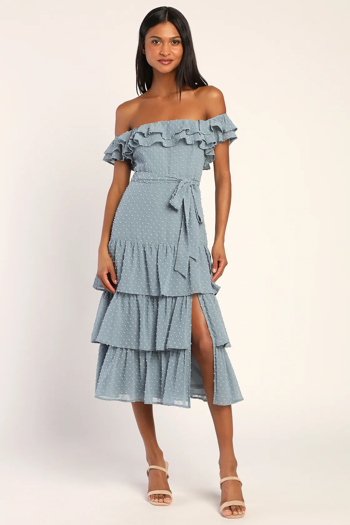 Dear To My Heart Slate Blue Swiss Dot Tiered Ruffled Midi Dress | Lulus (US)