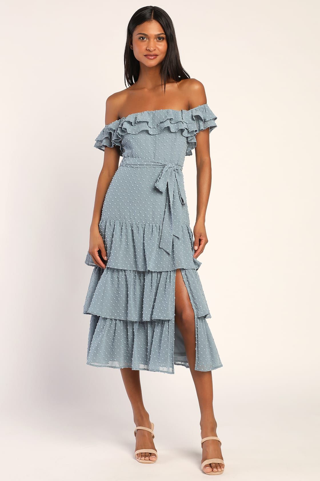 Dear To My Heart Slate Blue Swiss Dot Tiered Ruffled Midi Dress | Lulus (US)