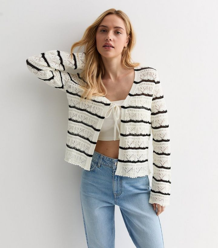White Stripe Stitch Knit Tie Front Cardigan | New Look | New Look (UK)