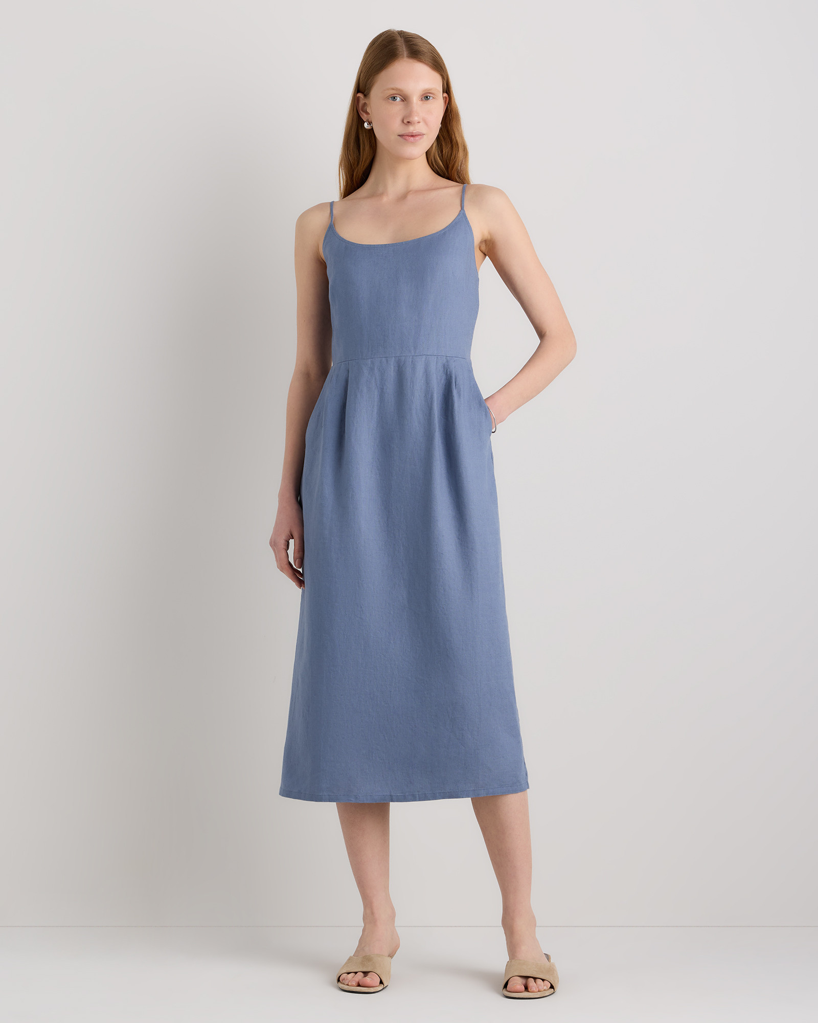Quince | Women's 100% European Linen Scoop Neck Midi Dress in Moonstone Blue, Size XS | Quince