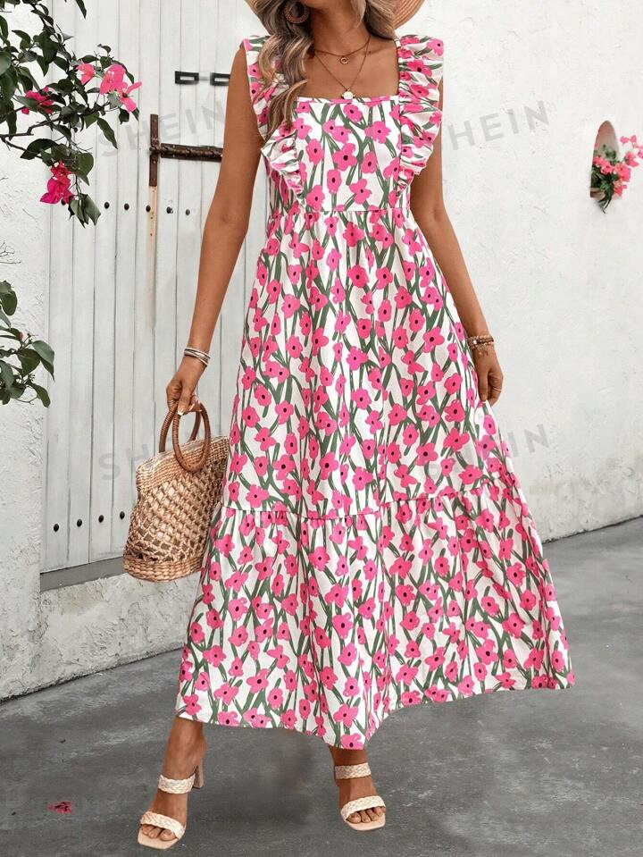 SHEIN VCAY Pink Printed Cap Sleeve A-Line Dress With Long Dress | SHEIN