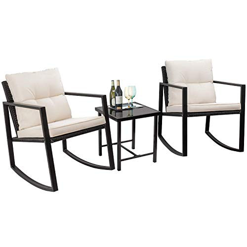 Flamaker 3 Pieces Patio Furniture Set Rocking Wicker Bistro Sets Modern Outdoor Rocking Chair Furnit | Amazon (US)