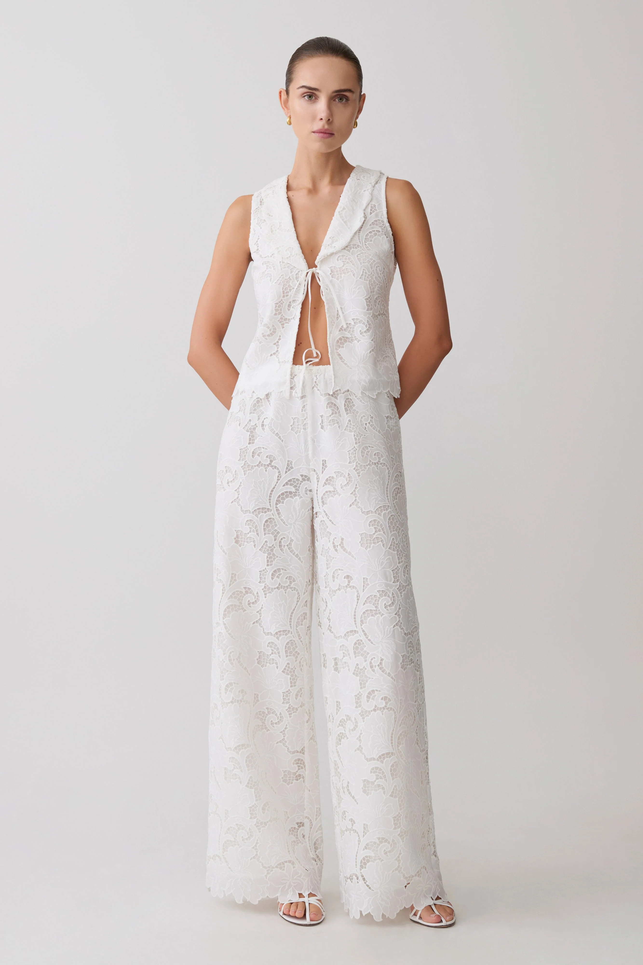 Broderie Straight Leg Pants - White | MESHKI US