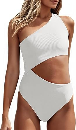 Women's One Piece Ribbed Swimsuit One Shoulder Cutout Swimwear Sexy Bathing Suit | Amazon (US)