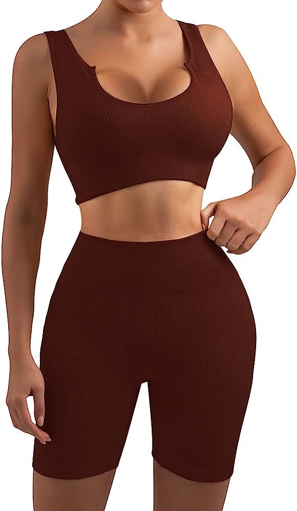 EUYZOU Womens Ribbed Two Pieces Workout Set Outfits, V Shape Crop Top High Waist Sports Shorts Set G | Amazon (US)