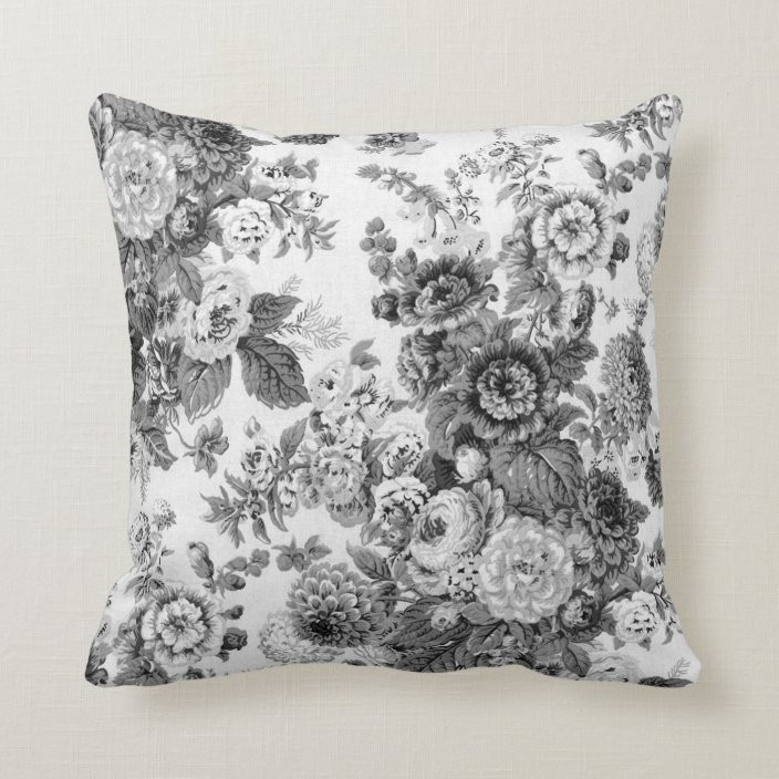 Black & White Gray Tone Vintage Floral Toile Throw Pillow | Zazzle