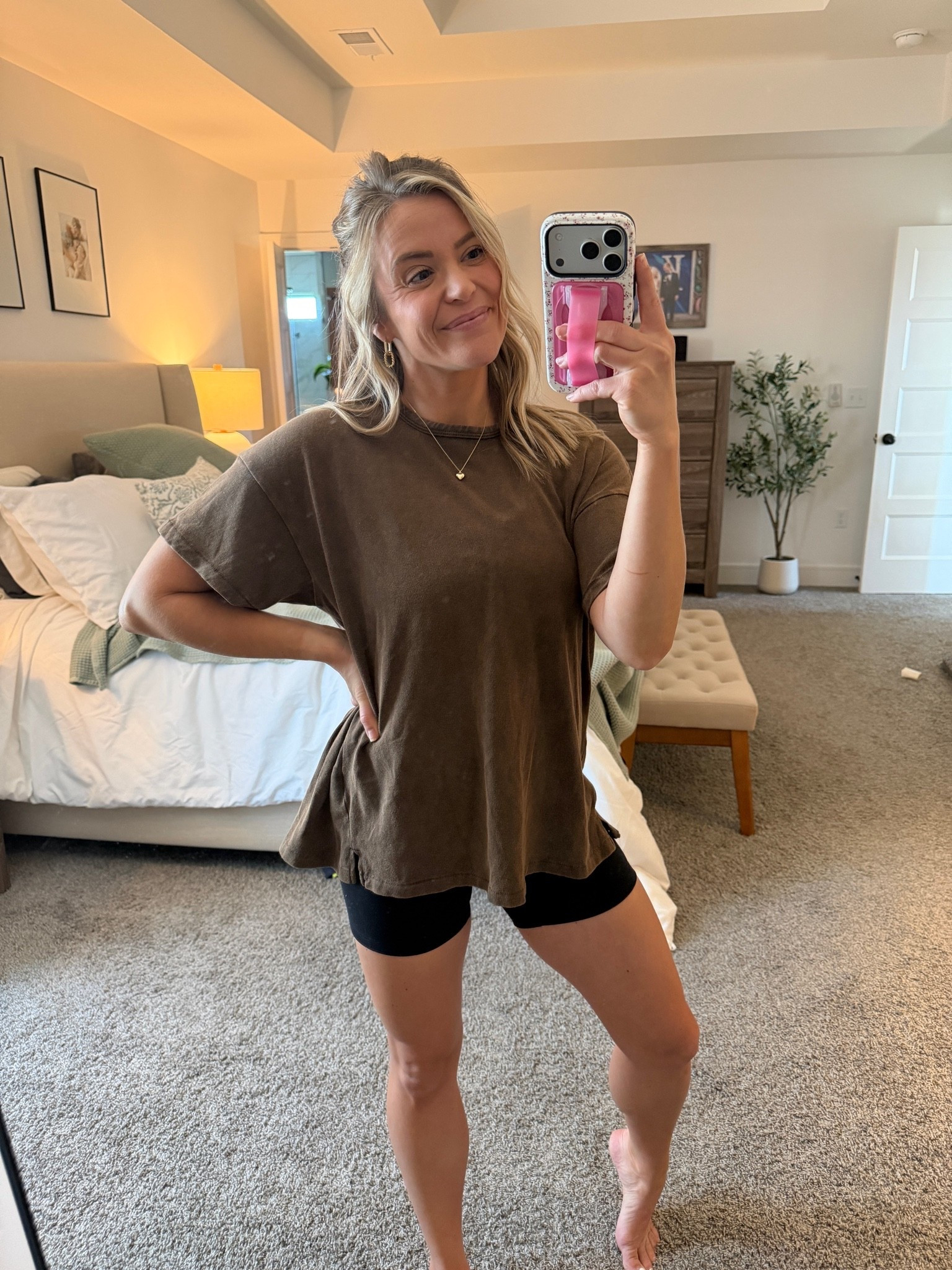 Cozy target tee - true size small in brown 
Amazon biker shorts 5” smalls

#LTKootd #LTKActive