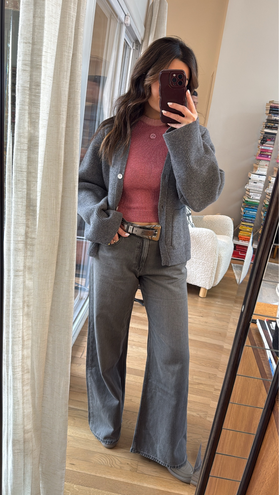 Love these gray jeans! added a valentines outfit twist with the pink top 🩷