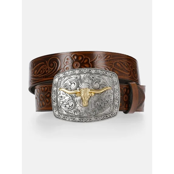Kacey Lee Women's Embossed Leather Belt with Longhorn Buckle | Walmart (US)