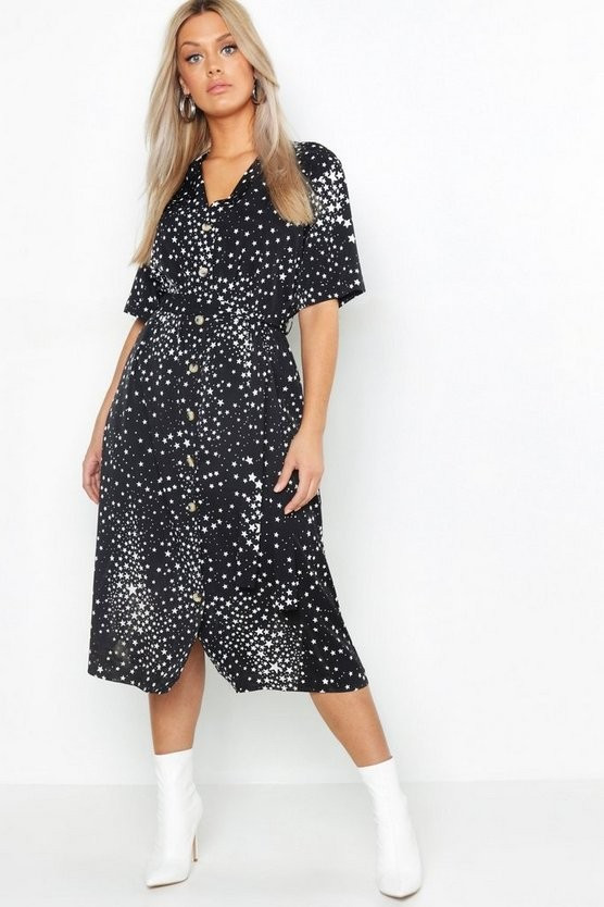 Plus Star Print Button Detail Midi Dress | Boohoo.com (US & CA)