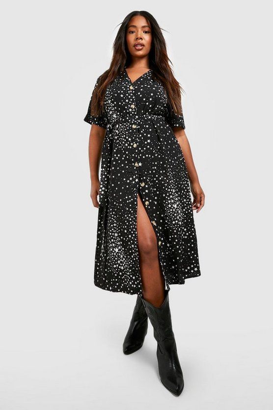 Plus Star Print Button Detail Midi Dress | Boohoo.com (US & CA)