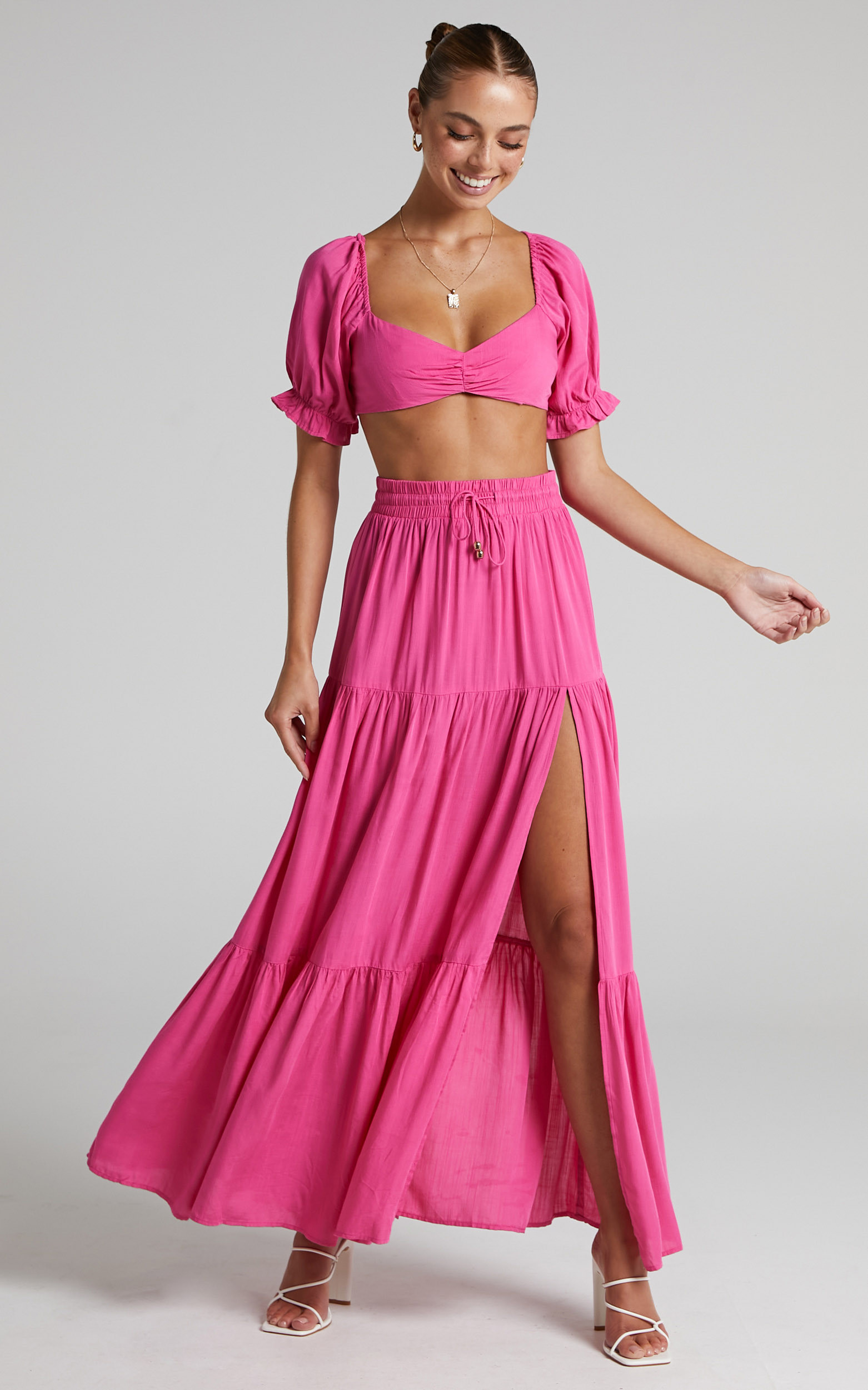 Yesha Puff Sleeve Crop Top and Tiered Midi Skirt Two Piece Set in Hot Pink | Showpo | Showpo - deactived