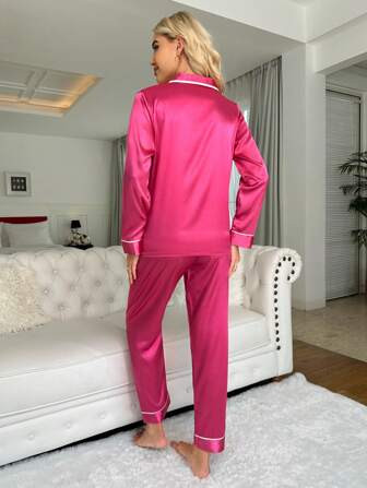 SHEIN Contrast Piping Satin PJ Set | SHEIN