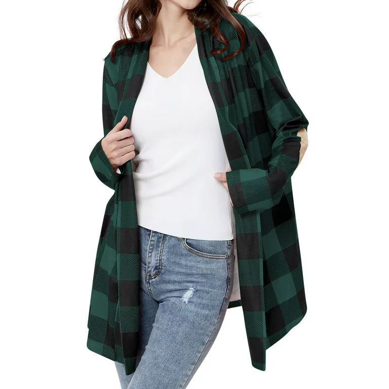 Women Colorblock Plaid Elbow Patch Long Sleeves Cardigan | Walmart (US)