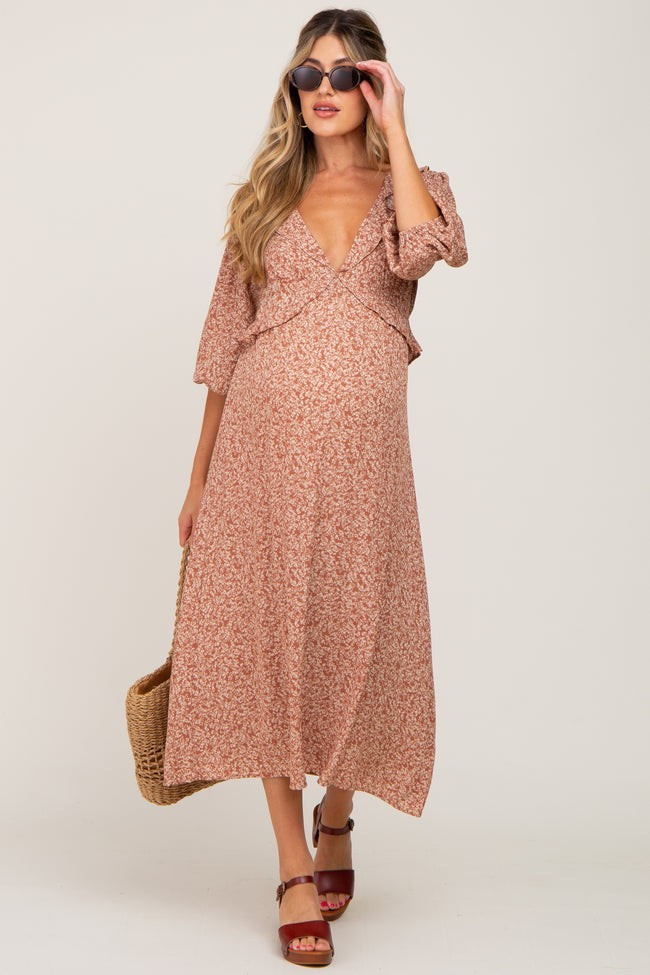 Rust Floral Ruffle V-Neck Maternity Midi Dress | PinkBlush Maternity
