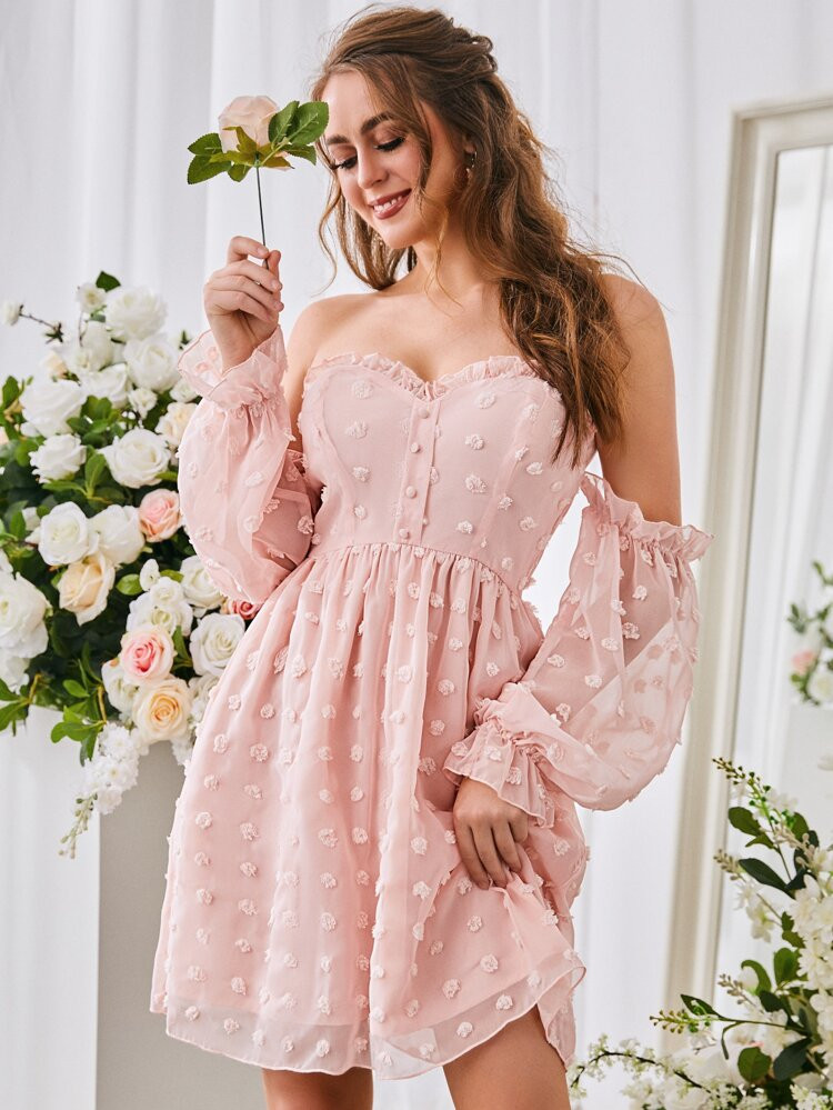 SBetro Swiss Dot Off Shoulder Flounce Sleeve Fake Button Dress | SHEIN