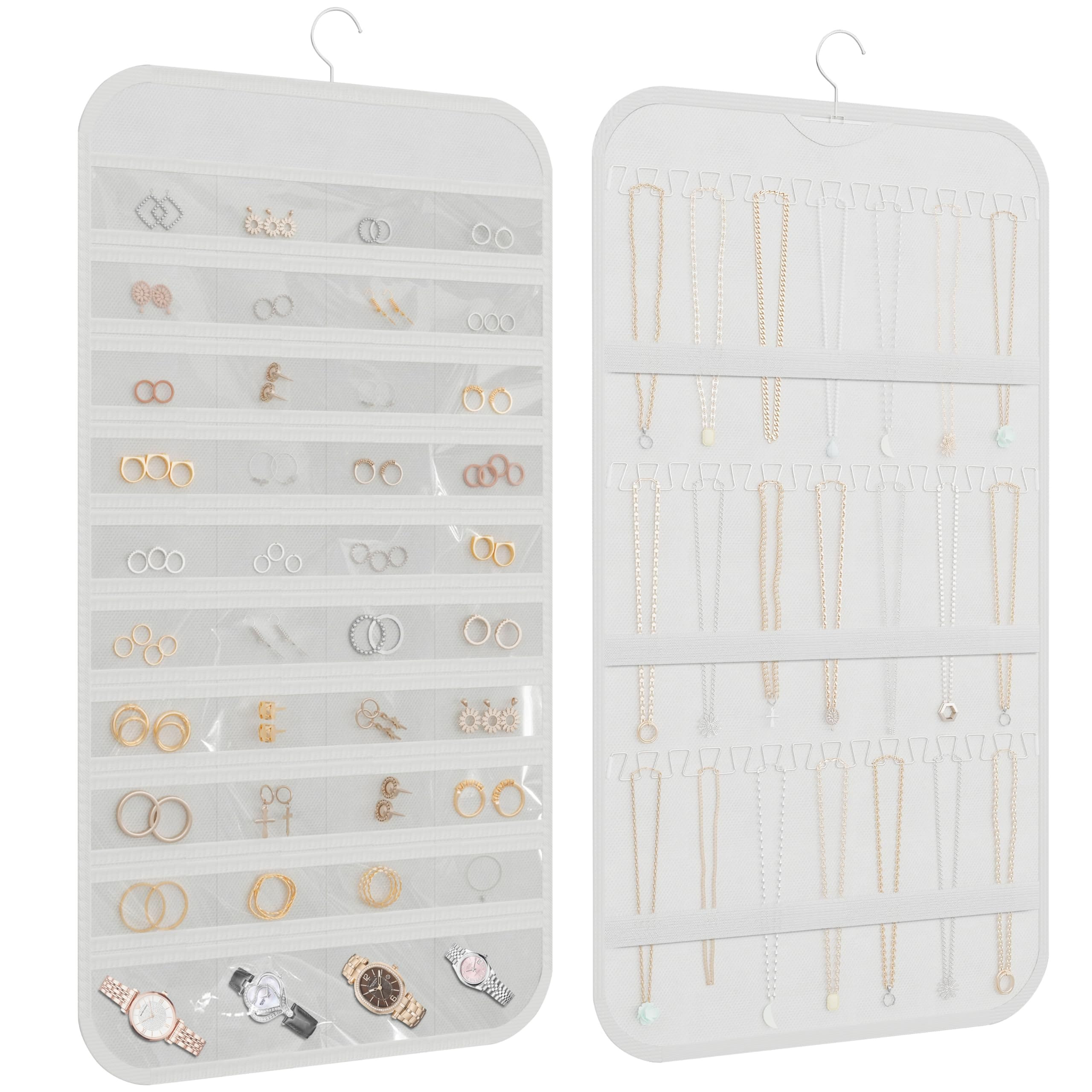 Aoibox Hanging Jewelry Organizer 1 Piece Double Sided Storage Roll 40 Transparent Pockets 36 Hooks for Necklaces Rings Earrings 17.3 x 33.5 Inch | Lowe's