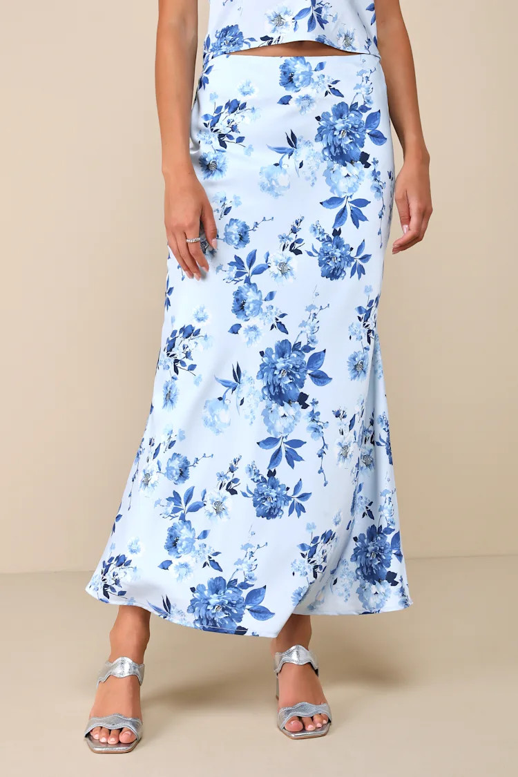 Charming Excellence Light Blue Floral Satin Midi Skirt | Lulus