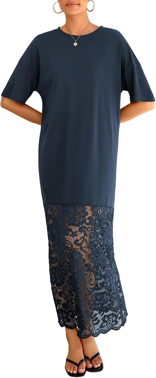 LOLONG Women Short Sleeve Lace Patchwork Crew Neck Maxi Dress Summer Trendy | Amazon (US)