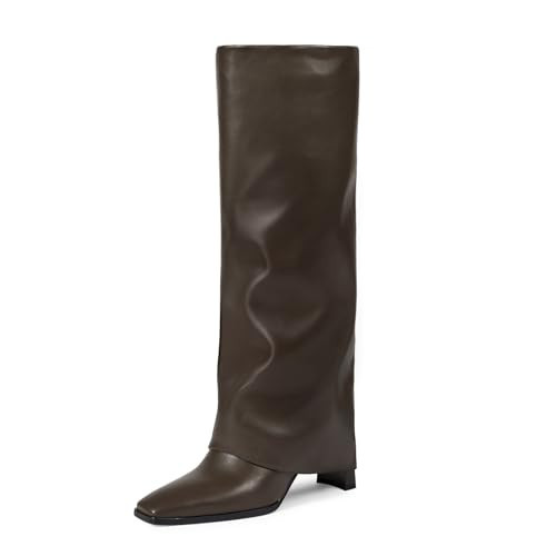 wetkiss Fold Over Knee High Boots Brown Women Chocolate Square Toe Wide Calf Chunky Heel with Zipper Long Knee High Dress Thigh High Tall Dark Brown Boots for Women Fashion | Amazon (US)