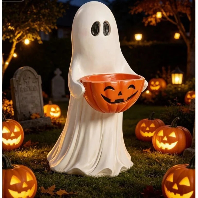 SCNOR Friendly Ghost Statue with Pumpkin Candy Bowl, 11.8 Inch Halloween Decoration for Outdoor P... | Walmart (US)
