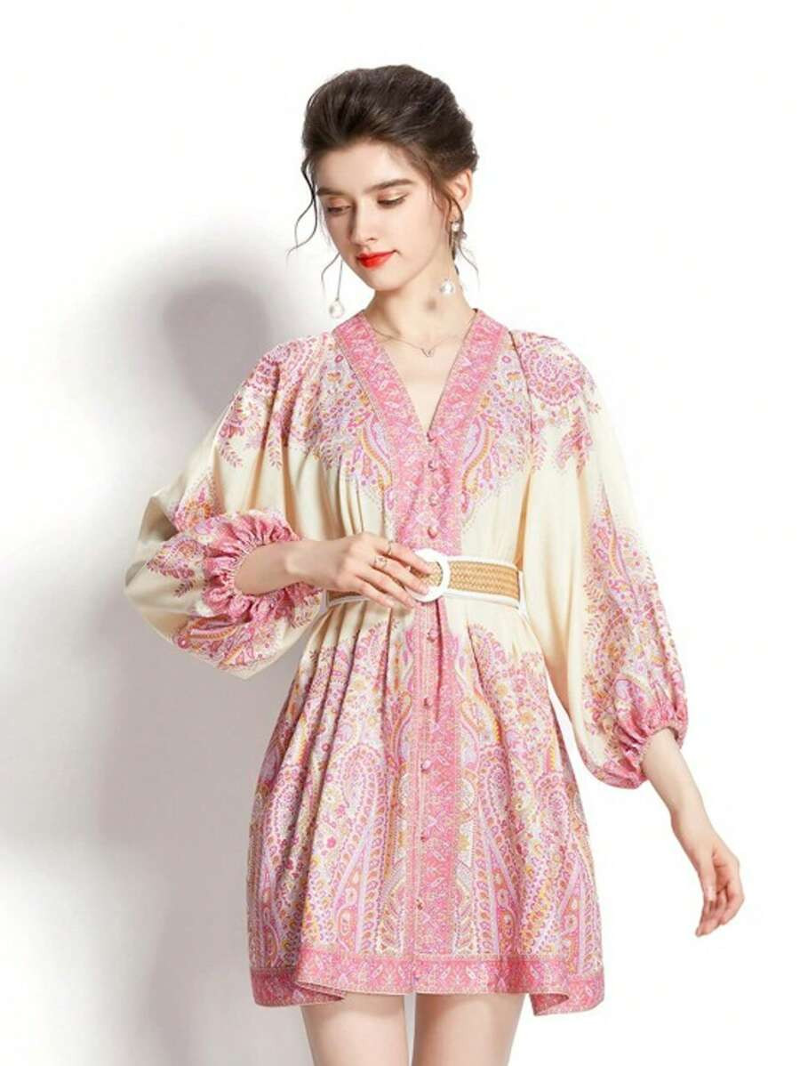 Women's Elegant Floral Print V-Neck Dress-Elegant Holiday Style Lantern Sleeve, Lightweight Polye... | SHEIN