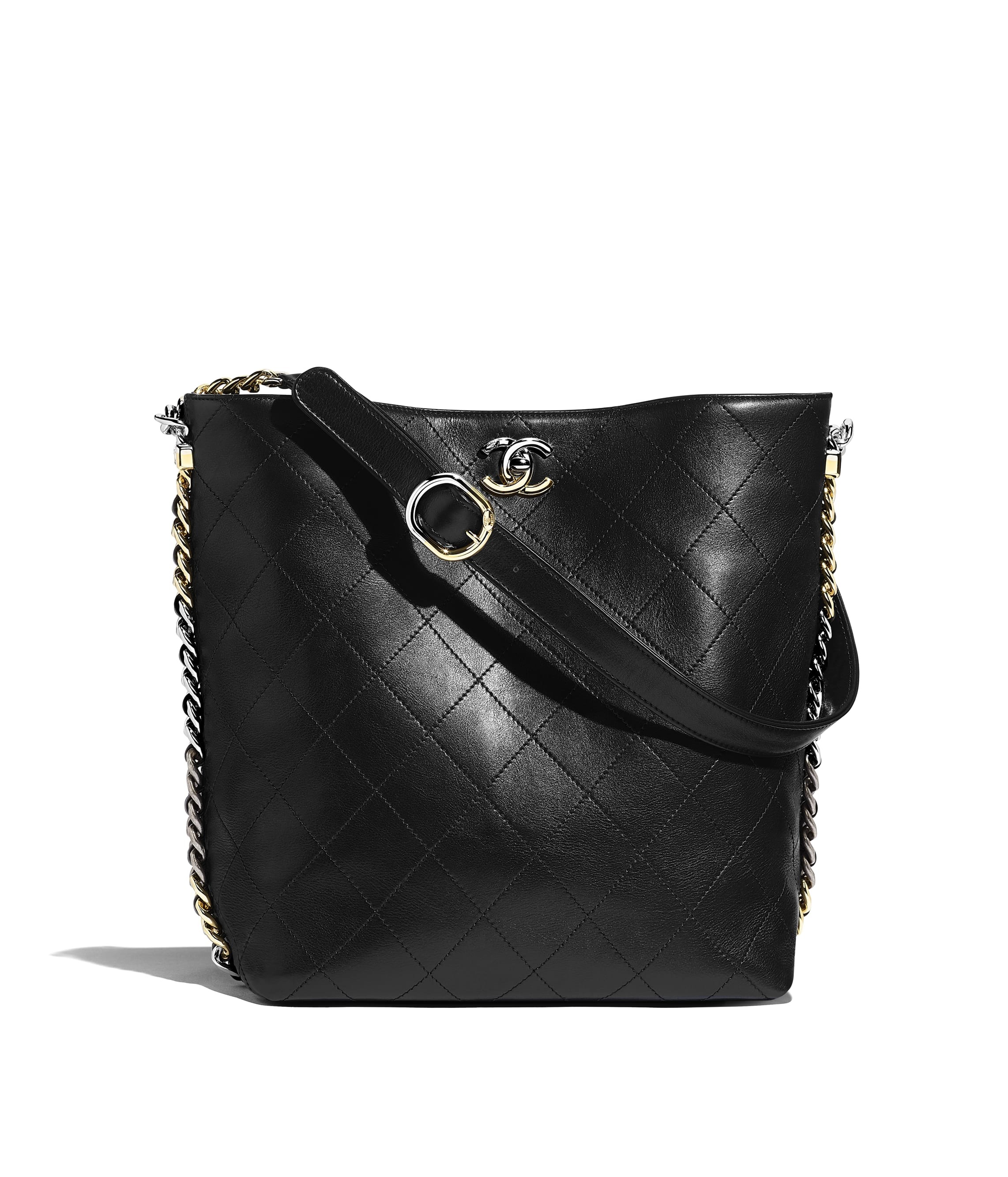 Hobo Handbag, calfskin, gold-tone, silver-tone & ruthenium-finish metal, black - CHANEL | Chanel, Inc. (US)