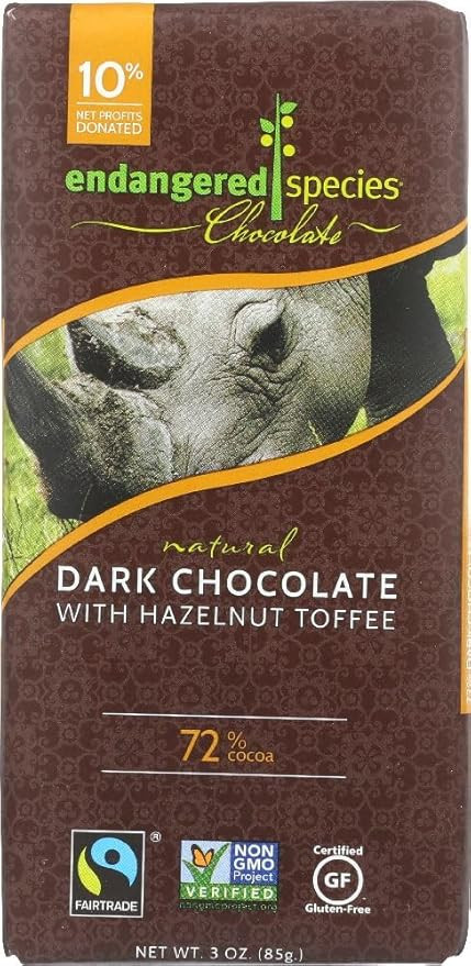 Endangered Species™ 3 Oz. All-natural Dark Chocolate with Hazelnut Toffee; Black Rhino, 12/pk | Amazon (US)