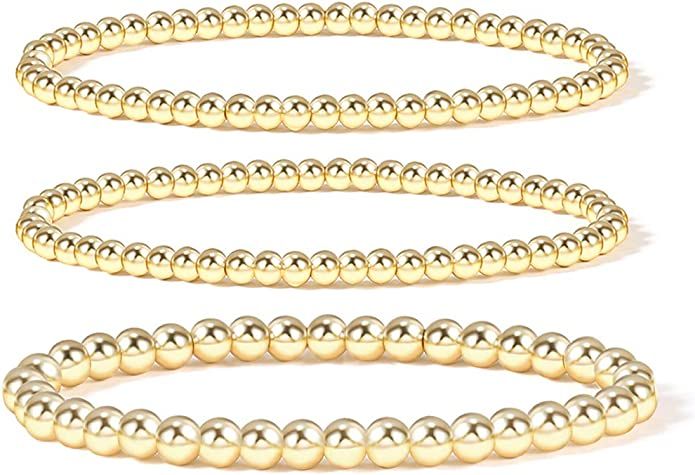 Gold Bead Bracelet for Women,14K Gold Plated Bead Ball Bracelet Stretchable Elastic Bracelet | Amazon (US)