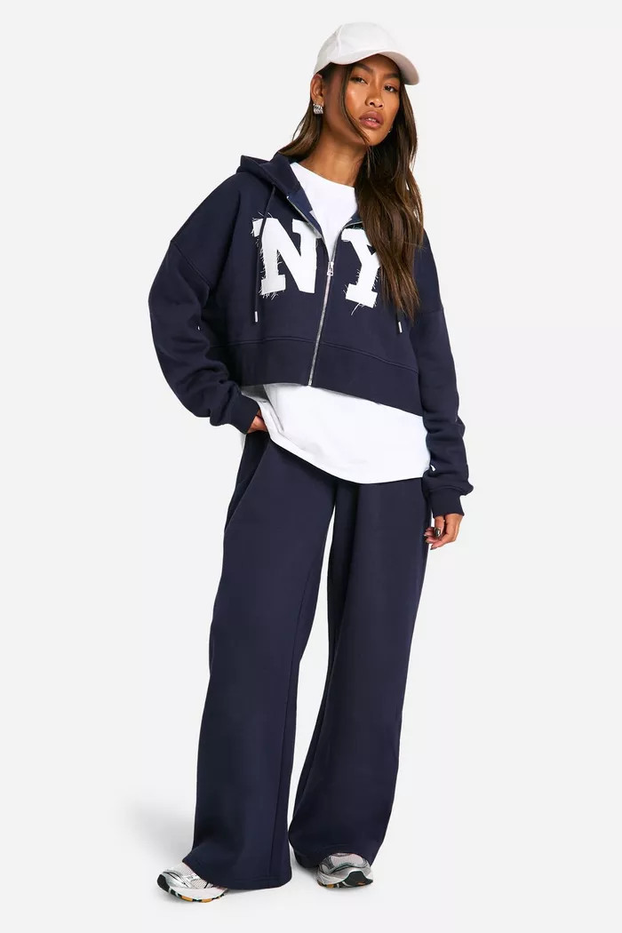 NY Self Fabric Applique Boxy Zip Through Hoodie | boohoo (US & Canada)