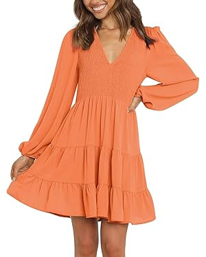 Umimi Women's Casual Long Sleeve V Neck Ruffle Smocked Dress Chiffon Flowy Tiered Mini Dress | Amazon (US)