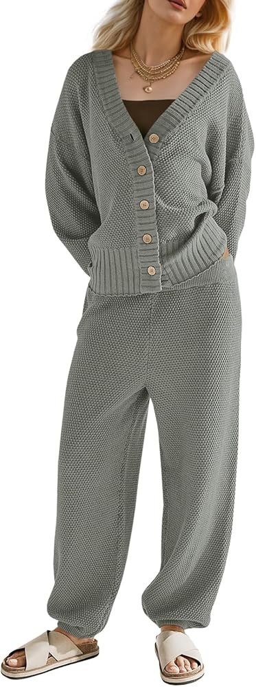 Fisoew Women's Knit Sweater Sets Trendy 2 Piece Outfits Oversized Cardigans and Pants Lounge Set | Amazon (US)