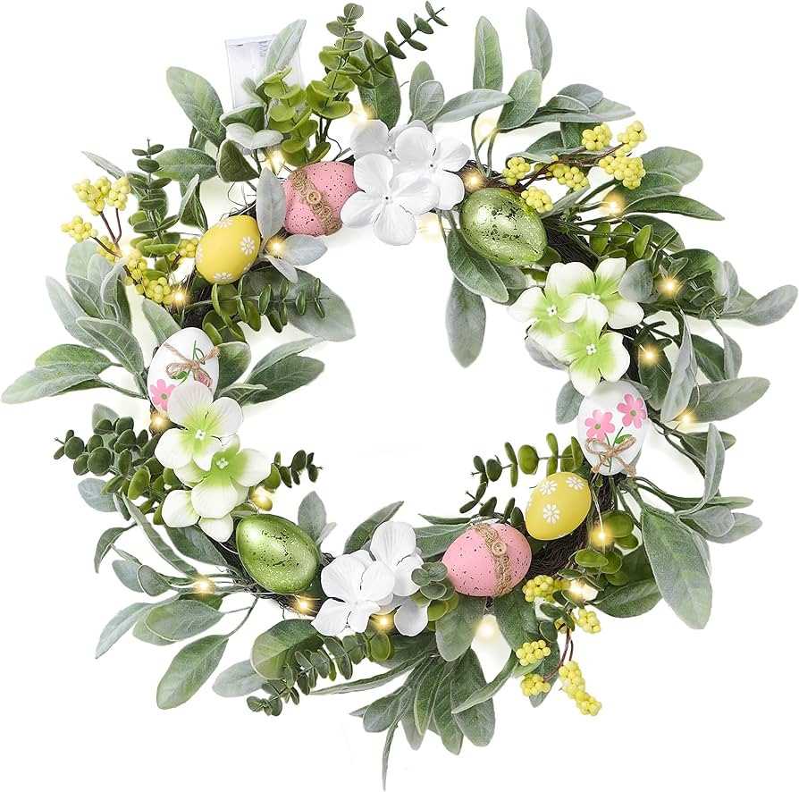 Valery Madelyn Pastel Easter Egg Wreaths Decoration for Front Door with Lights, Artificial Spring... | Amazon (US)