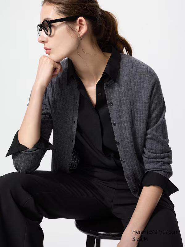 100% Merino Ribbed Crew Neck Short Cardigan | UNIQLO (UK)