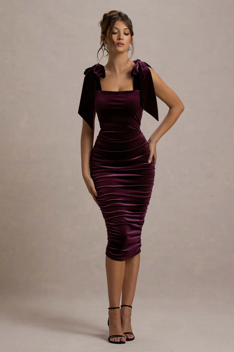 Tarna | Port Velvet Midi Dress With Bow Straps | Club L London