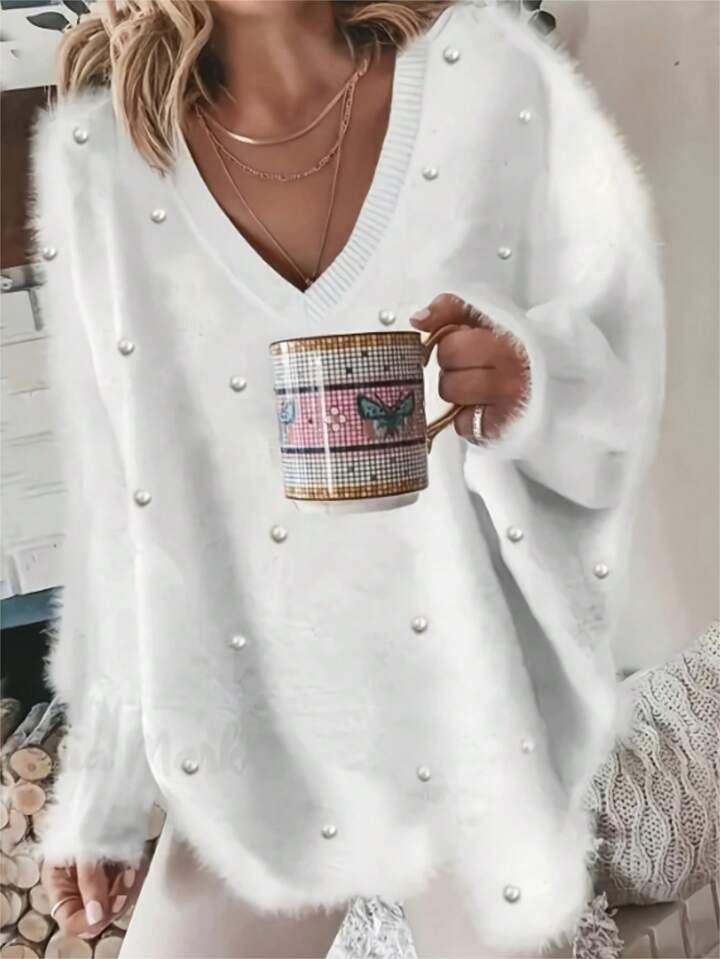 SHEIN Essnce V Neck Pearl Beaded Fuzzy Sweater | SHEIN