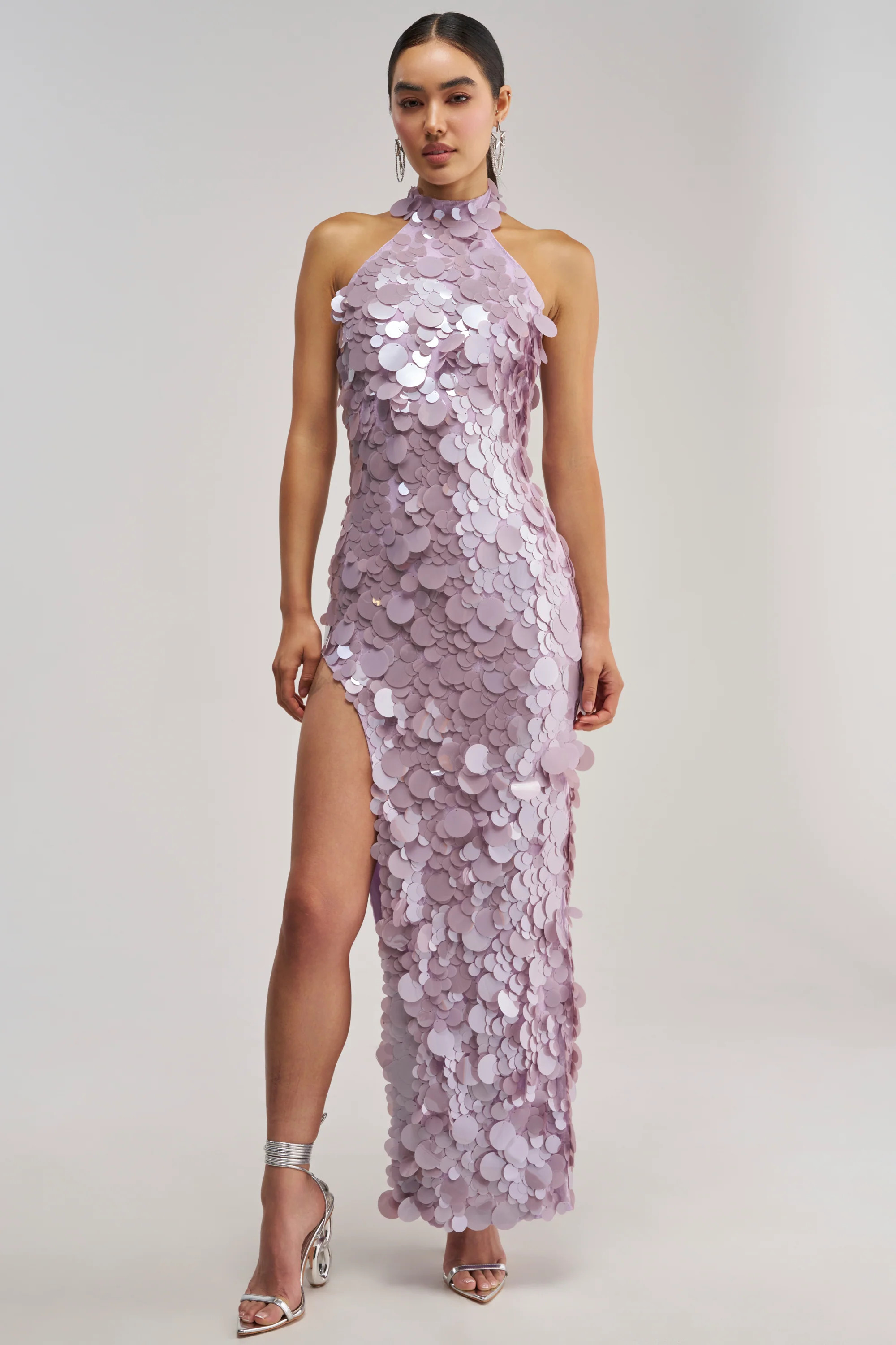 Lilac Sequin Halter Maxi Dress, Fitted | AKIRA | AKIRA